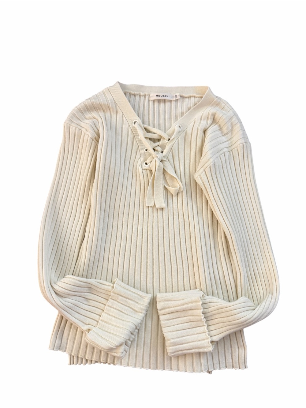 Moussy Japan Ribbed Lace-Up V-Neck Sweater